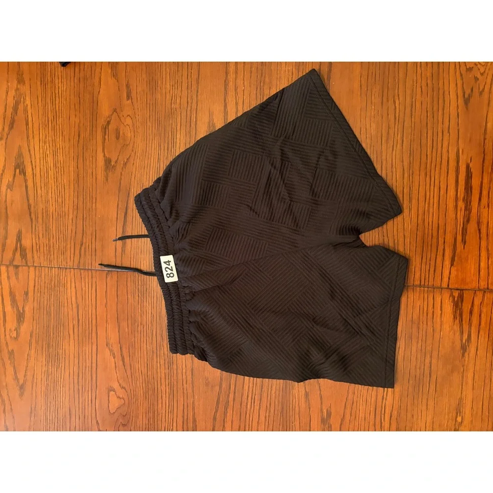 New Black Textured Geometric Jacquard Two Piece Set Top and Shorts Womens